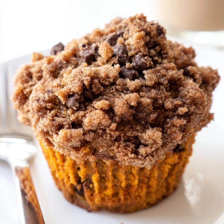 Delicious pumpkin chocolate chip muffins topped with spiced streusel, ideal for cozy snacking.  