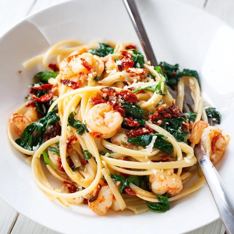 Delicious light sundried tomato shrimp pasta bursting with flavor and color.  