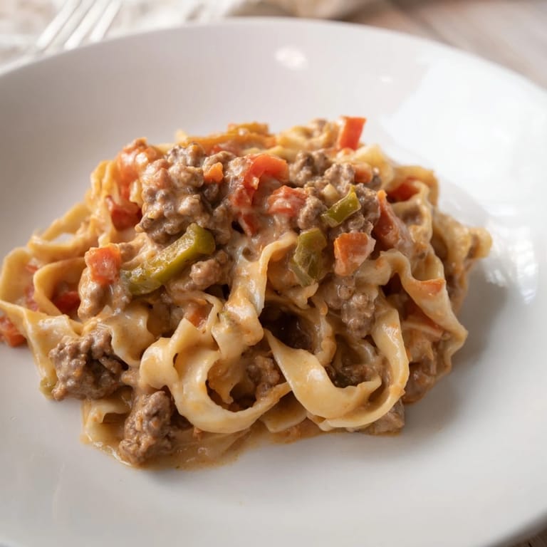 Velvety Creamy Pepper Ground Beef Fettuccine served with a sprinkling of paprika.  