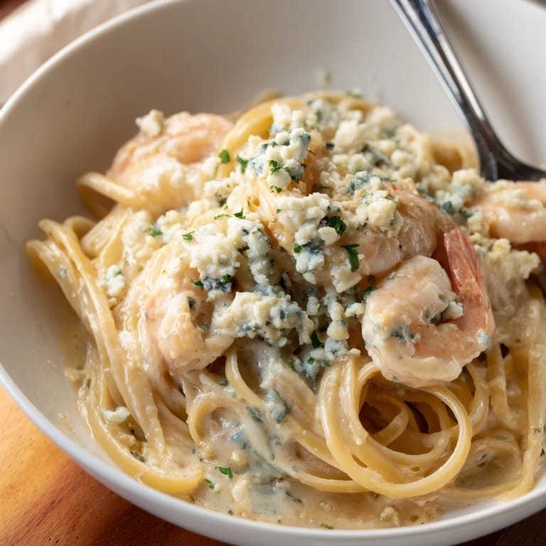 A gourmet dish of creamy blue cheese shrimp pasta, perfect for dinner gatherings.