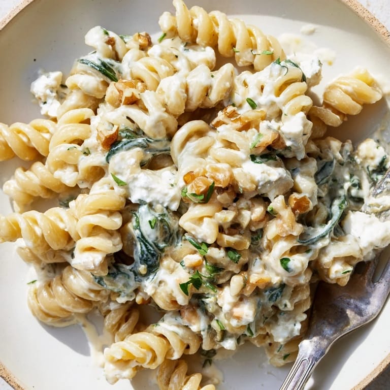 Rich and tangy goat cheese spinach chicken pasta decorated with fresh herbs on top