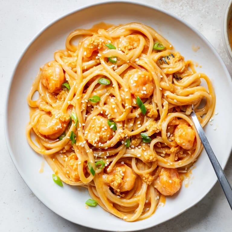 A vibrant bowl of Creamy Orange-Ginger Shrimp Pasta, perfect for any dinner.