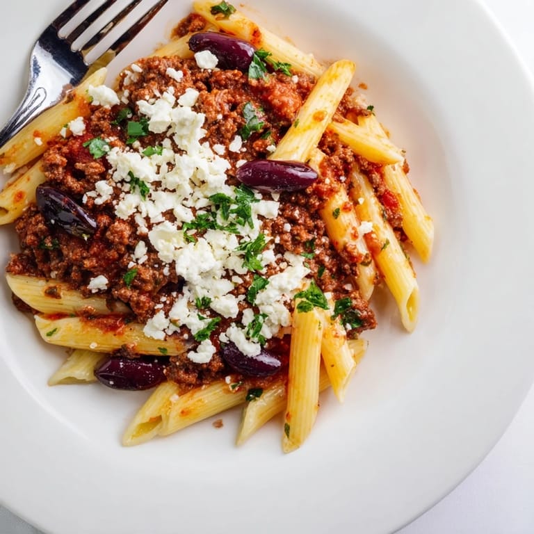 Hearty creamy Kalamata beef pasta topped with parsley and Kalamata olives.