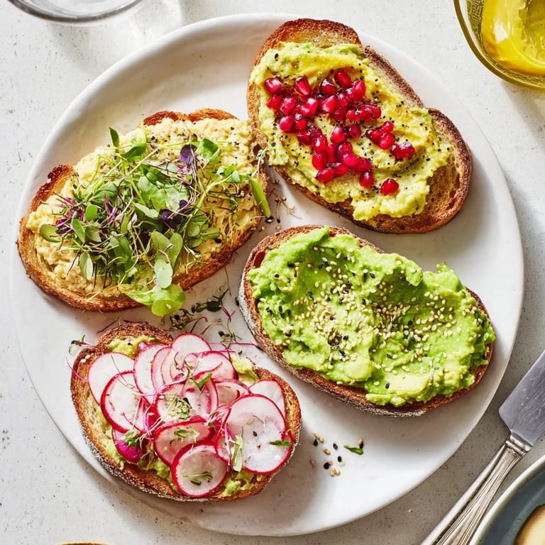 Hearty Bright & Bold Breakfast Toasts showcasing creamy avocado, ube spread, and crunchy sesame seeds.