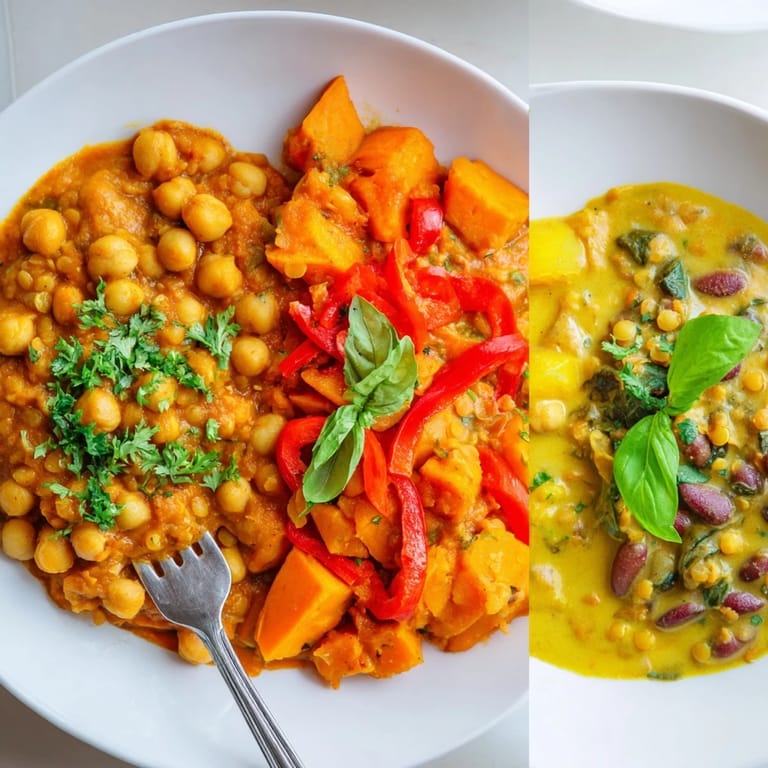 Hearty Caribbean Sweet Potato Curry with black beans, coconut milk, and a sprinkle of parsley.