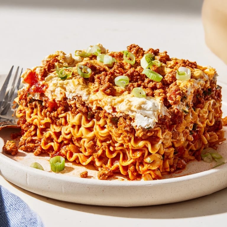 Oven-baked spicy ramen lasagna served hot with bubbling, golden cheese on top.  