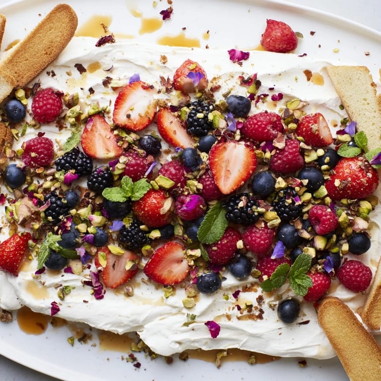 Delicious butter board dessert featuring vibrant berries, nuts, and creamy cheese spread.