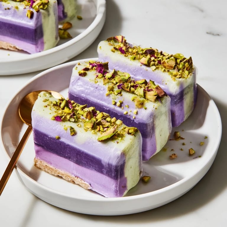 Colorful layers of ube and pistachio ice cream bars on a wooden table.  