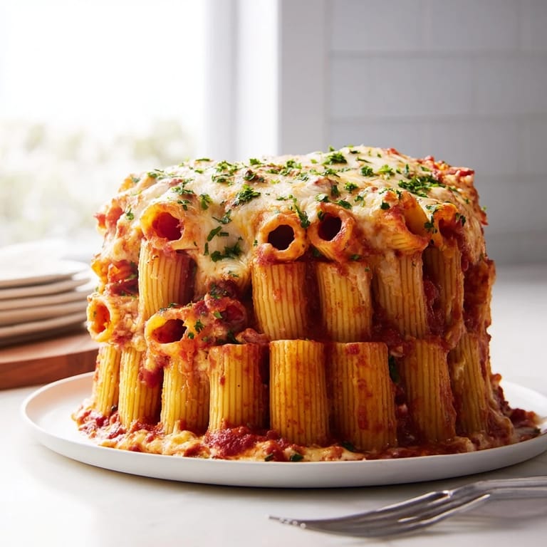 Colorful Honeycomb Pasta Cake filled with creamy ricotta and rich tomato sauce layers.  