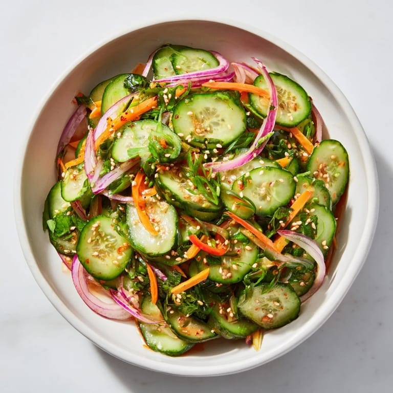 Freshly sliced cucumbers and carrots topped with toasted sesame seeds in Cucumber Salad Remix.  