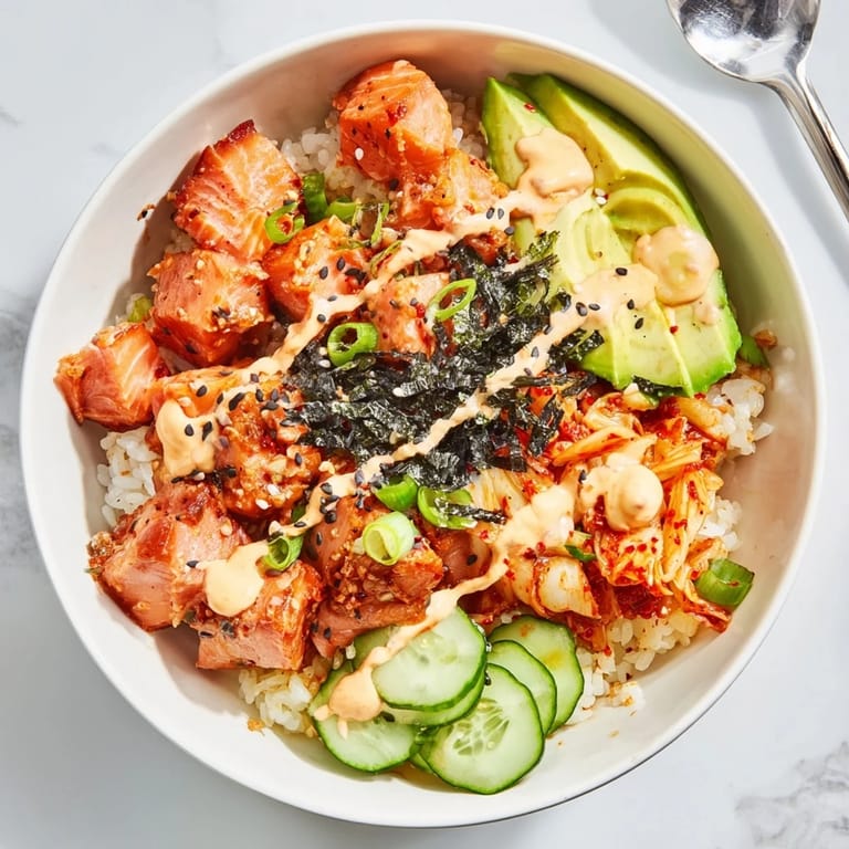Delicious crispy salmon rice bowl bursting with flavors from kimchi and garlic.