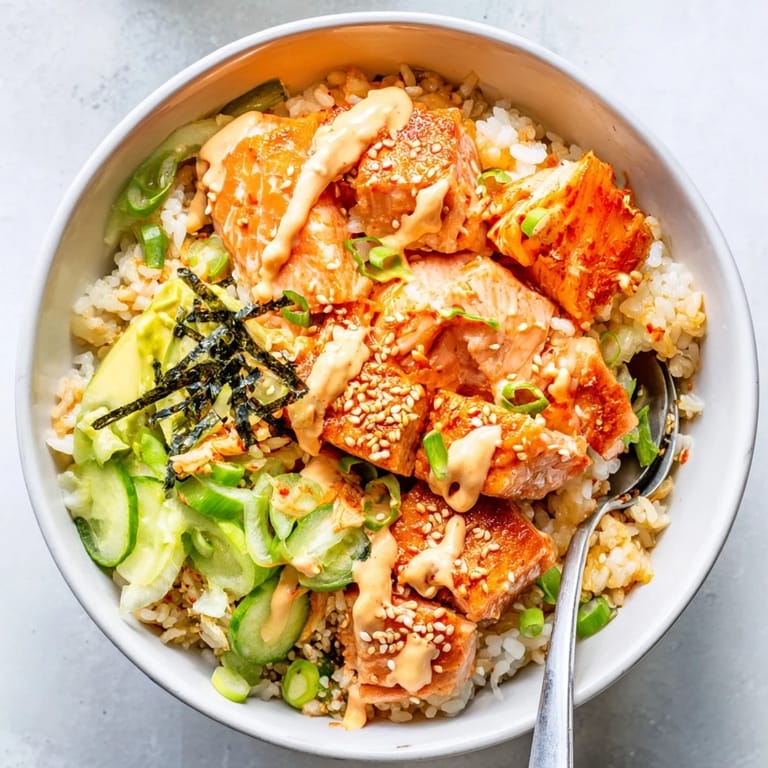 Vibrant crispy salmon rice bowl with fluffy rice, spicy mayo, and colorful garnishes.  