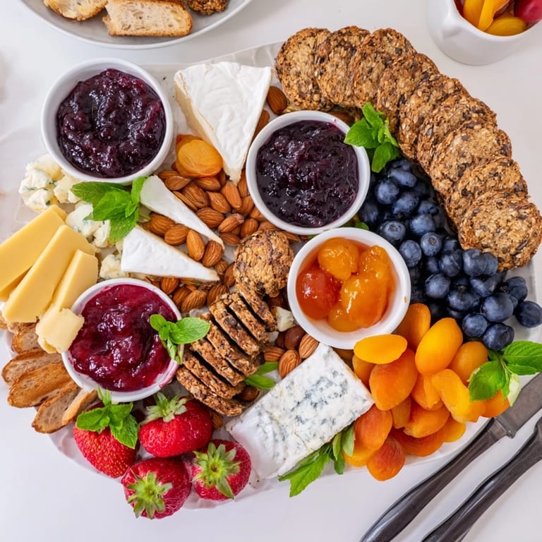 Vibrant jam-infused brunch board topped with fresh fruits and creamy cheeses.  