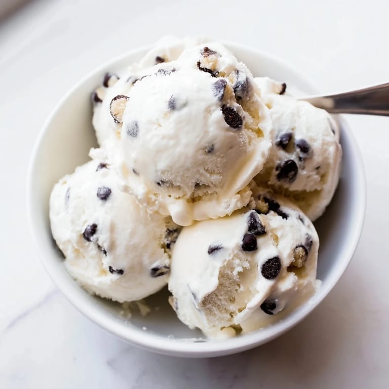 Homemade cottage cheese ice cream loaded with mini chocolate chip cookie dough.  