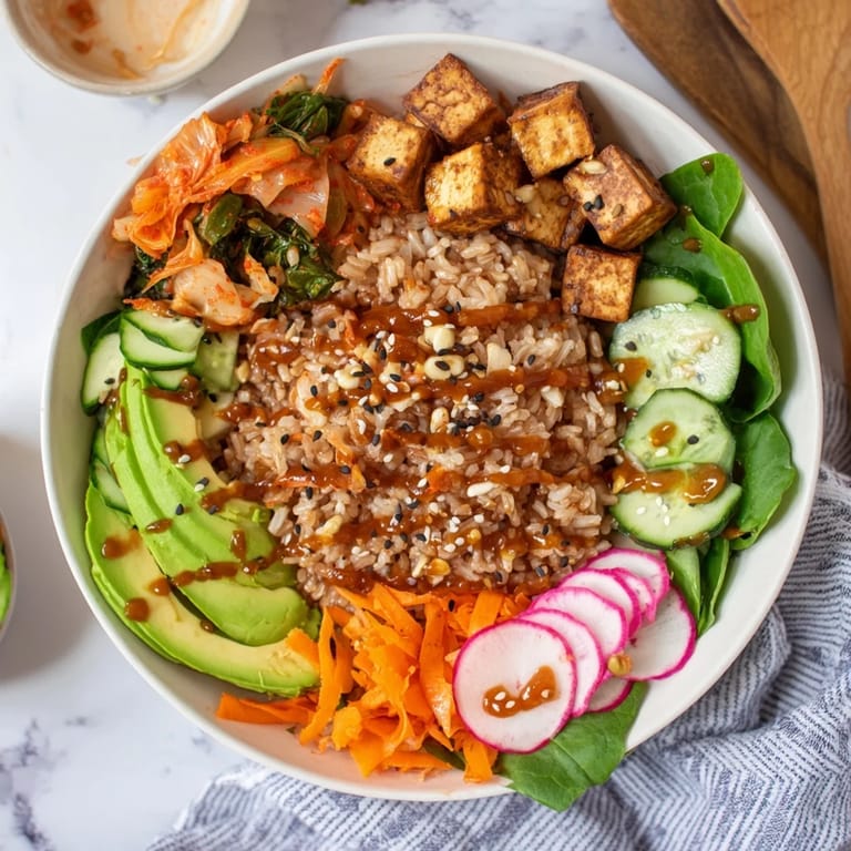 Wholesome fermented vegetable bowl topped with fresh greens and a savory dressing.