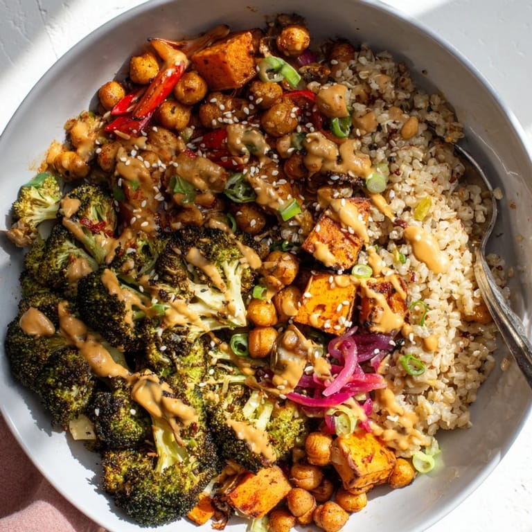 Delicious serving of Bold Sauce Drizzle Bowls filled with roasted vegetables and chickpeas.