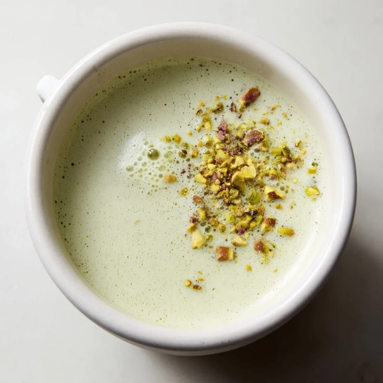 Delicious pistachio milk latte garnished with nuts, a unique twist on coffee.