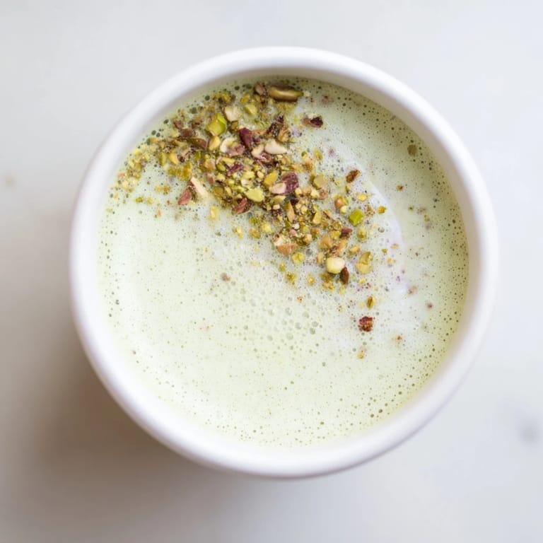 Homemade pistachio milk latte, fragrant and nutty, perfect for cozy mornings.  