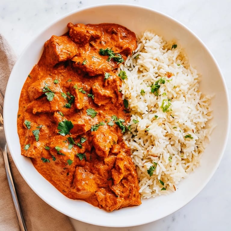 Tender chicken in rich tomato sauce, paired beautifully with fluffy rice pilaf.  
