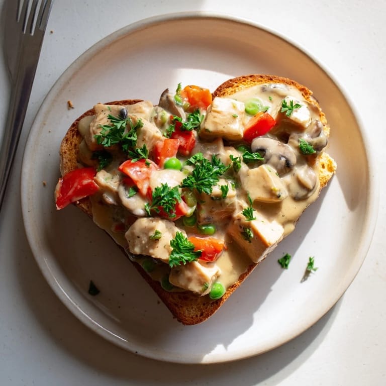 Savor tender chicken à la King with mushrooms and peas on golden toasted bread.