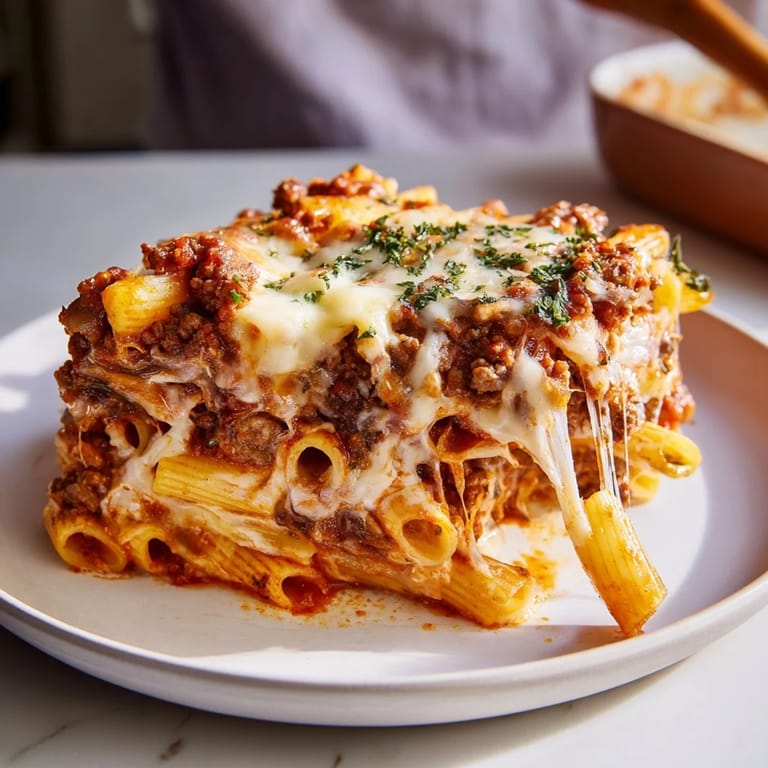 A close-up of cheesy Baked Ziti with Meat Sauce, a hearty Italian-American comfort food classic.
