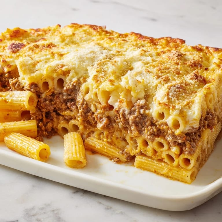 A close-up of a bubbling, cheesy Greek Pastitsio, its savory beef and pasta visible beneath the sauce.