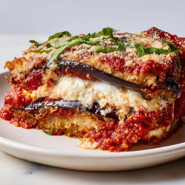 Close-up of a bubbling Eggplant Parmesan Lasagna with crispy edges and fresh basil garnish.