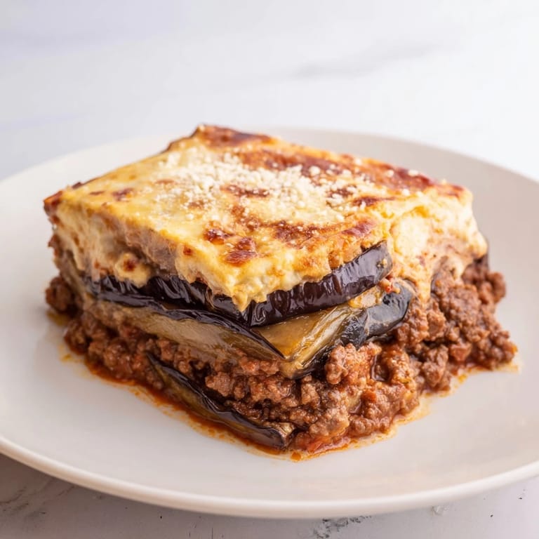 A close-up of a freshly baked moussaka, showcasing tender eggplant and creamy béchamel.