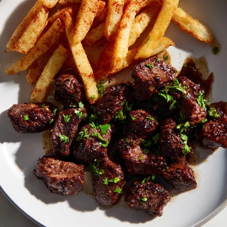 Sizzling Blackened Cajun Steak Bites served alongside a generous portion of perfectly fried potatoes.