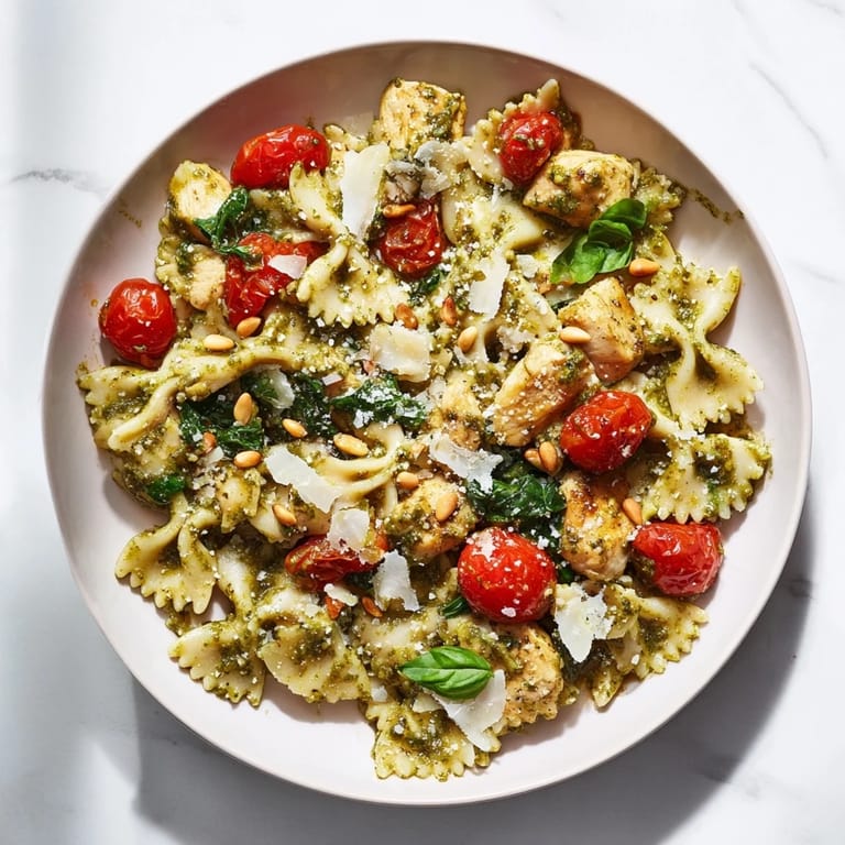 Delicious, easy pesto chicken bowtie pasta, a flavorful Italian-American dinner prepared on the stovetop.