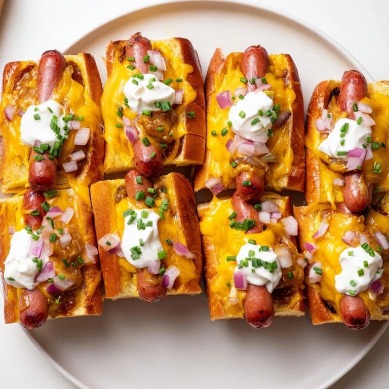 Cheesy, baked Chili Dog Casserole, featuring onions and savory hot dogs, ready to serve warm.