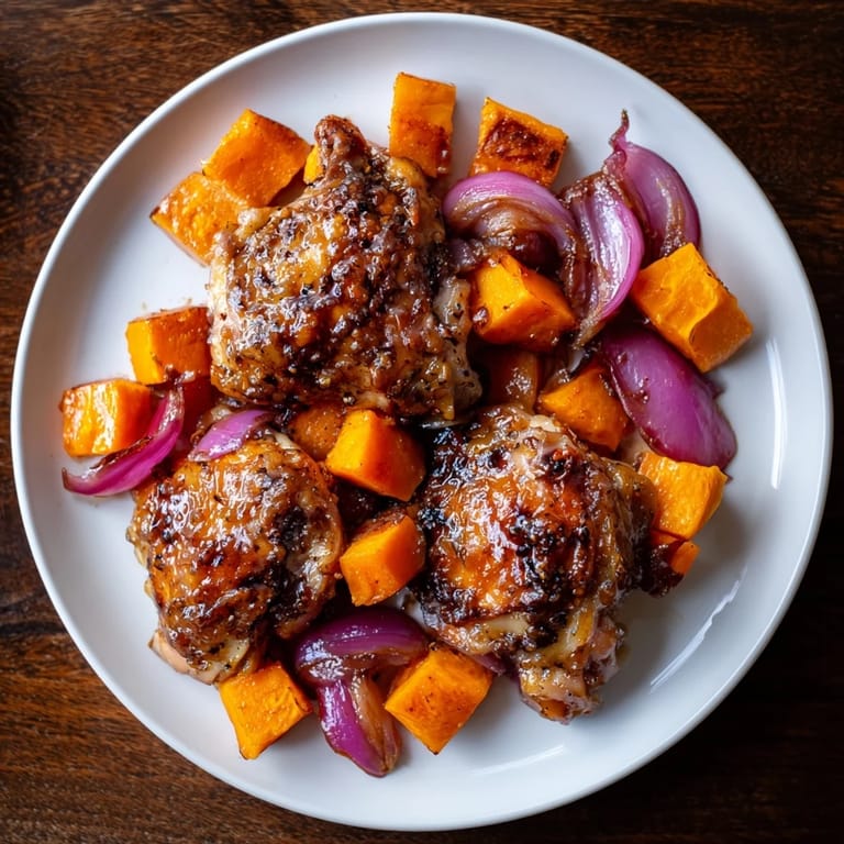 Savory Maple Glazed Chicken & Sweet Potato Bake, showcasing roasted chicken thighs and sweet potatoes deliciously.
