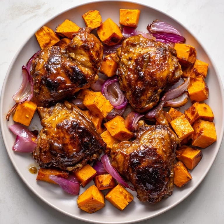 A warm, comforting image of a Maple Glazed Chicken & Sweet Potato Bake, ideal for a weeknight dinner.