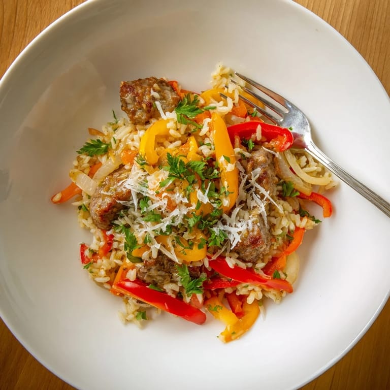 Close-up of Italian Sausage & Peppers Rice Plate, revealing tender sausage, rice, and beautifully cooked peppers.