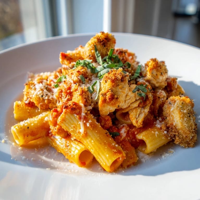 A close-up of a steaming bowl of Baked Chicken Parmesan Pasta, cheese perfectly melted and browned.