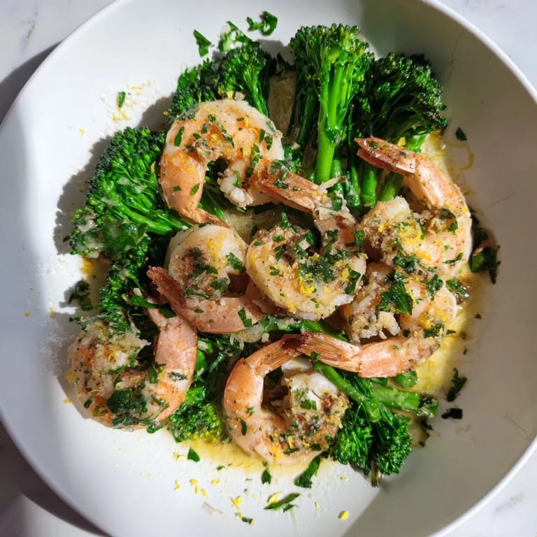 Sizzling Lemon Butter Shrimp & Broccoli with a bright lemon-garlic sauce over healthy broccoli.