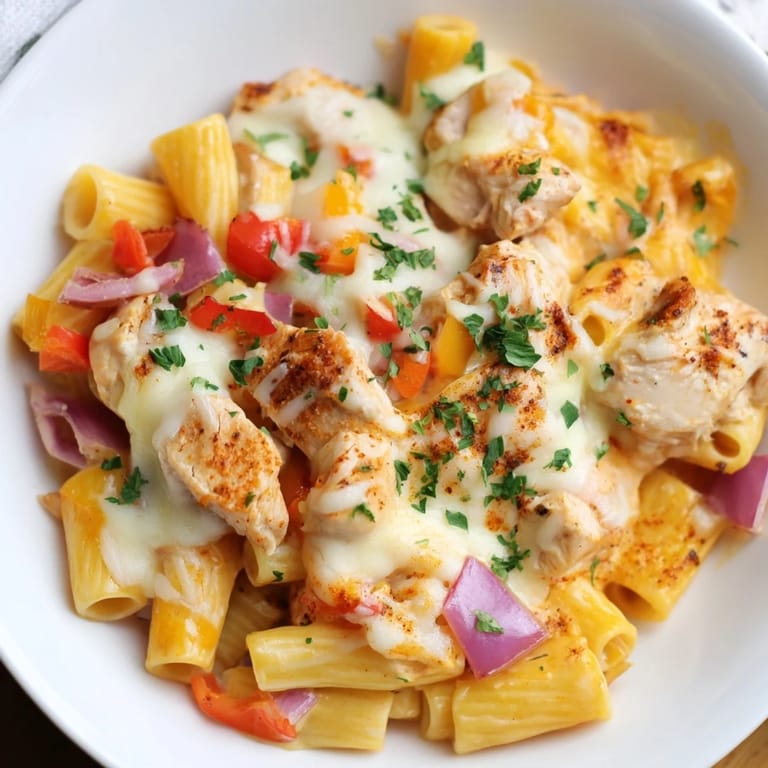 Cheesy, baked Cajun chicken pasta, a comforting casserole with parsley garnish, ready to eat.