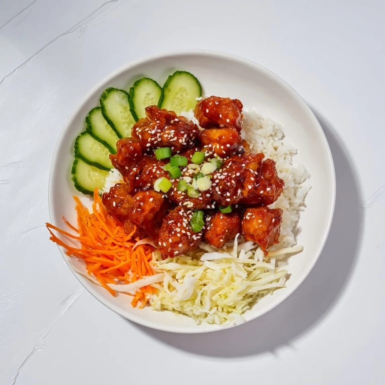 A close-up of a steaming Sriracha Honey Chicken Rice Bowl, the spicy fragrance is enticing.