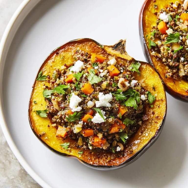 Close-up of a beautifully plated Lentil & Walnut Stuffed Acorn Squash, bursting with a flavorful filling.