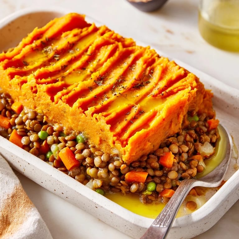 Delicious, steaming Veggie Shepherd's Pie, ready to serve, with the mashed sweet potato topping.