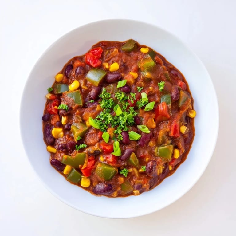 Delicious, vegan veggie chili with a rich tomato base, served with optional avocado slices.