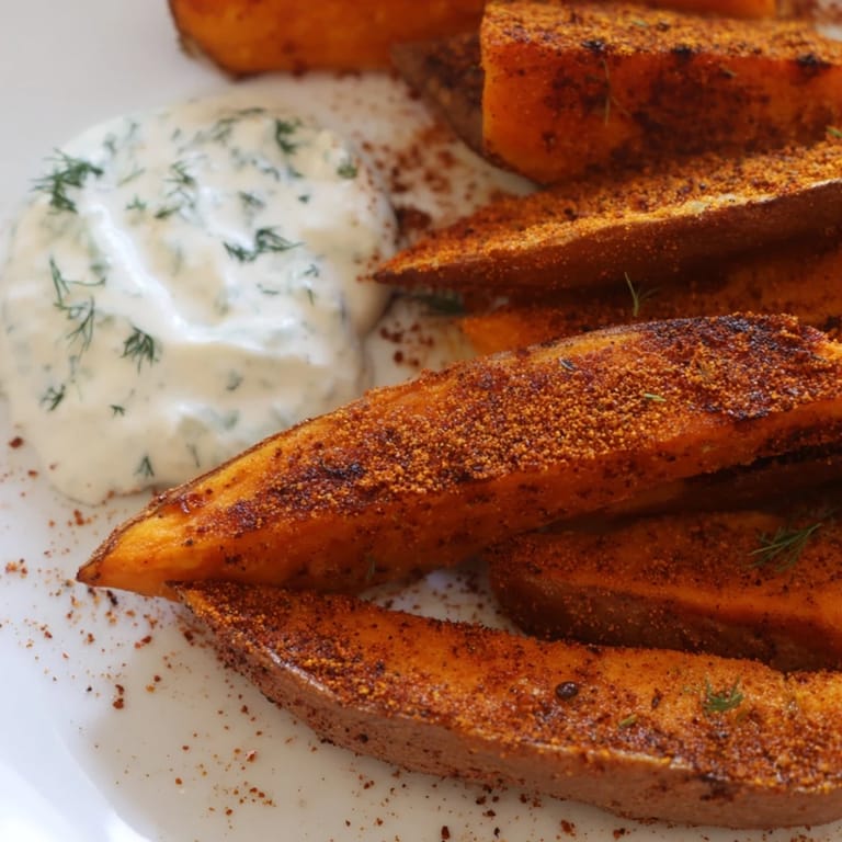 Close-up of crispy roasted sweet potato wedges sprinkled with spices, ready for dipping.