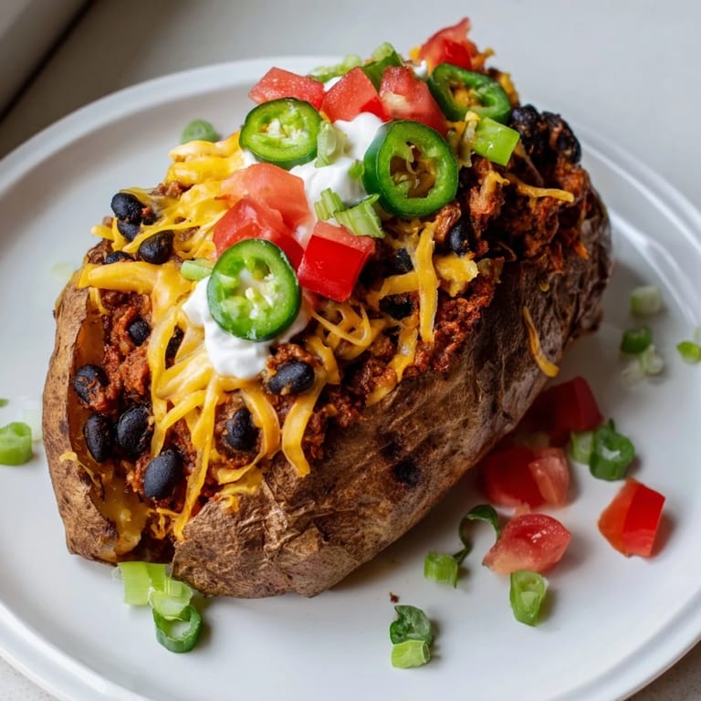 Rich loaded baked potato with chili and cheese, a comforting American classic on a plate.