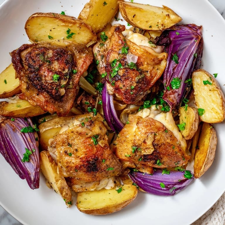 Sheet pan filled with tender Greek Lemon Chicken and Potatoes, perfectly roasted to a delicious crisp.