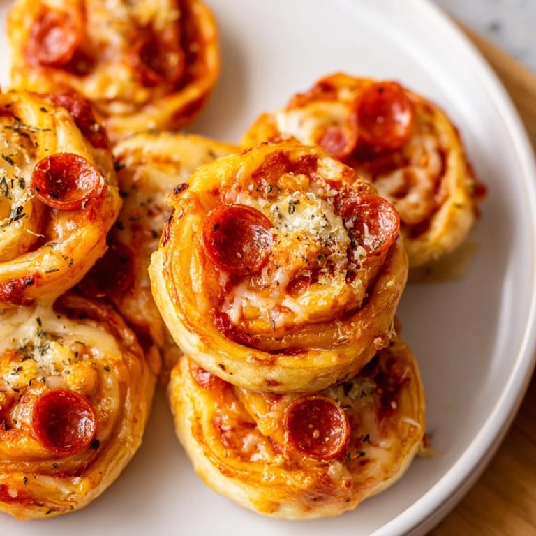 Cheesy Mini Pepperoni Pizza Pinwheels, ready to serve, display a mosaic of pepperoni visible.