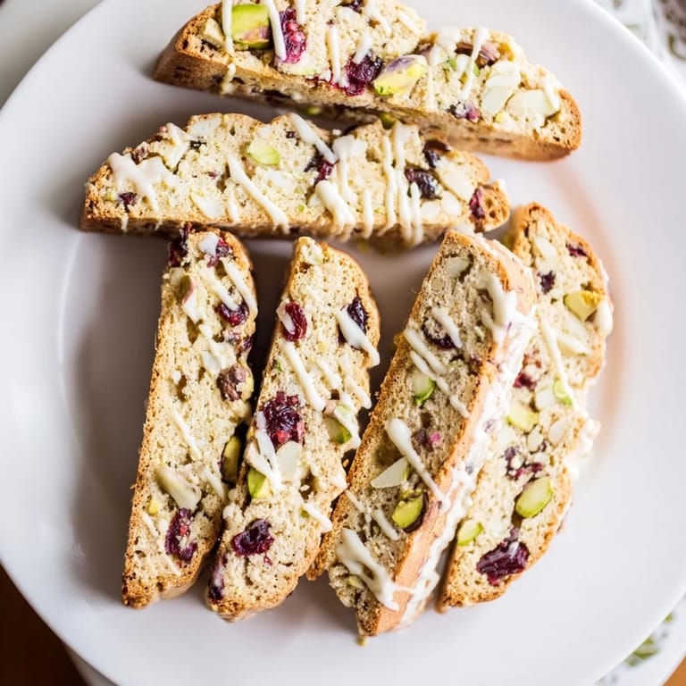 A close-up of crispy biscotti shows the texture of the delightful White Chocolate Cranberry Pistachio variety.
