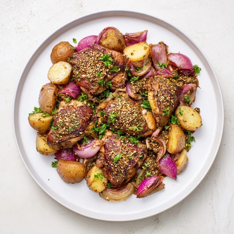 Tender, flavorful chicken and potatoes: a delicious Pan-Roasted Zaatar Chicken recipe for your dinner.