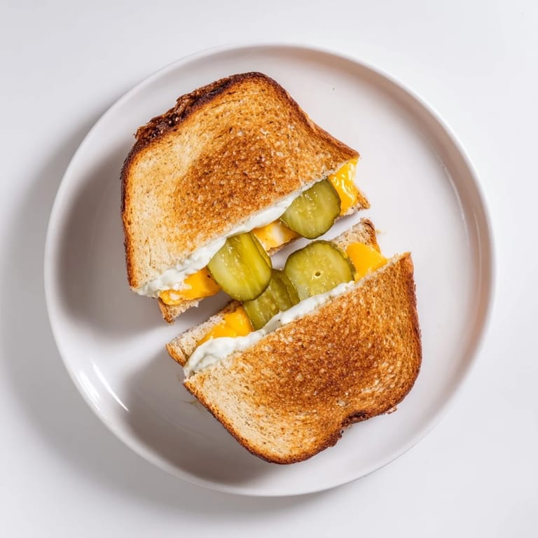 A classic pairing: crispy sourdough surrounds the tangy flavors of this irresistible Gooey Pickle Grilled Cheese sandwich.
