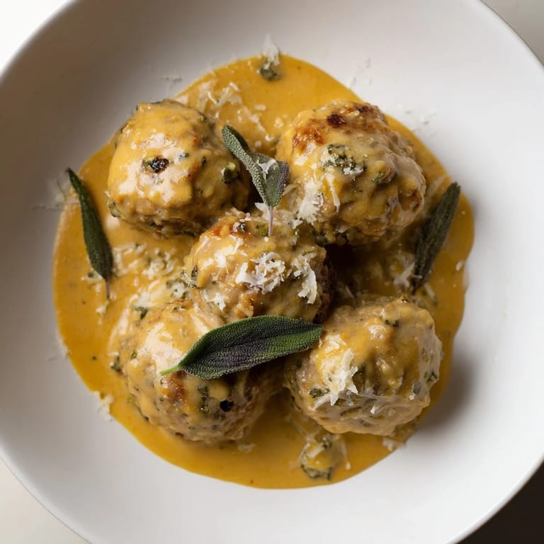 Golden-brown Turkey Meatballs simmering in a rich, creamy Pumpkin Sage Sauce, a fall favorite.