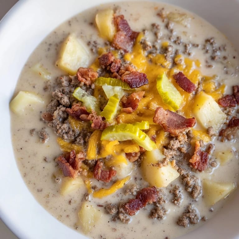 Hearty Crockpot Cheeseburger Soup overflowing a bowl, complete with optional pickle and tomato toppings for flavor.